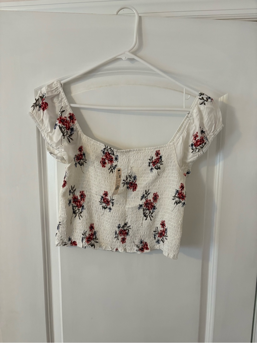 Garage White Smocked Crop Top with Red and Blue Floral Print